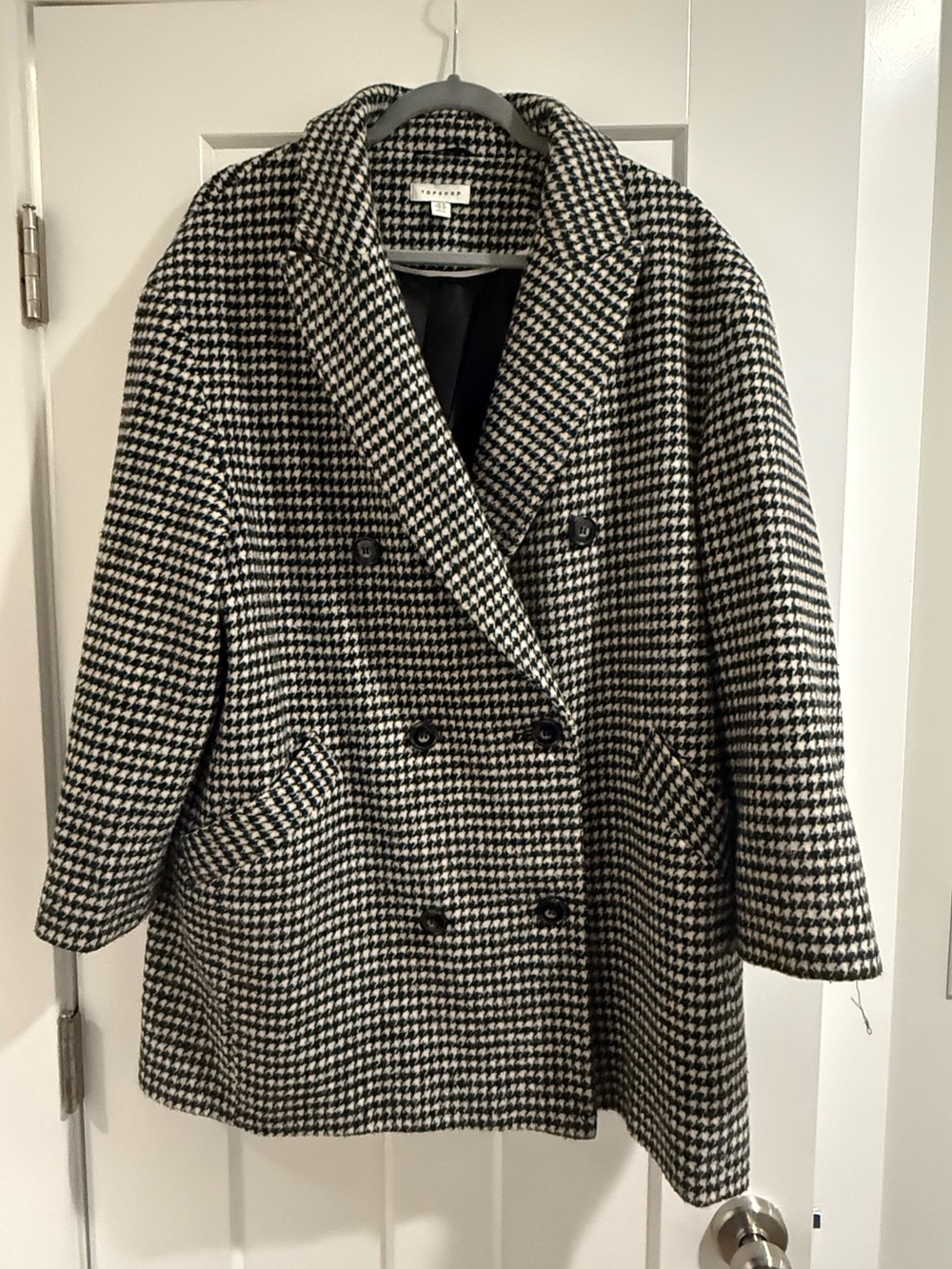 Topshop Houndstooth Double-Breasted Pea Coat - Black & White